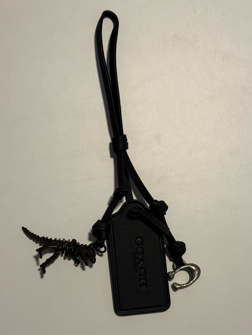 Coach Black Leather Bag Charm, Black Hang Tag with Rexy Charm.